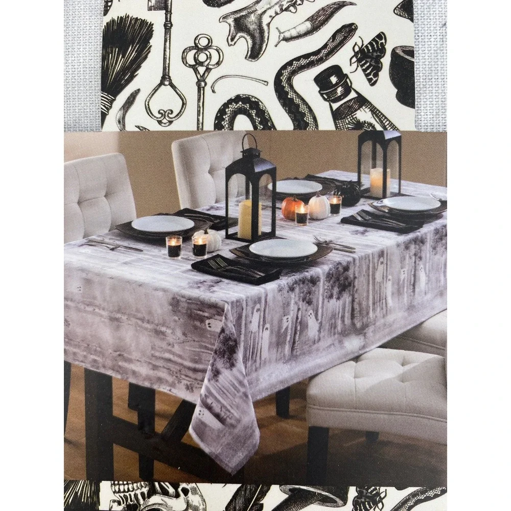 Tahari Home Tablecloth 60x144 Gray Ghost Birch Forest Metallic Oblong Halloween